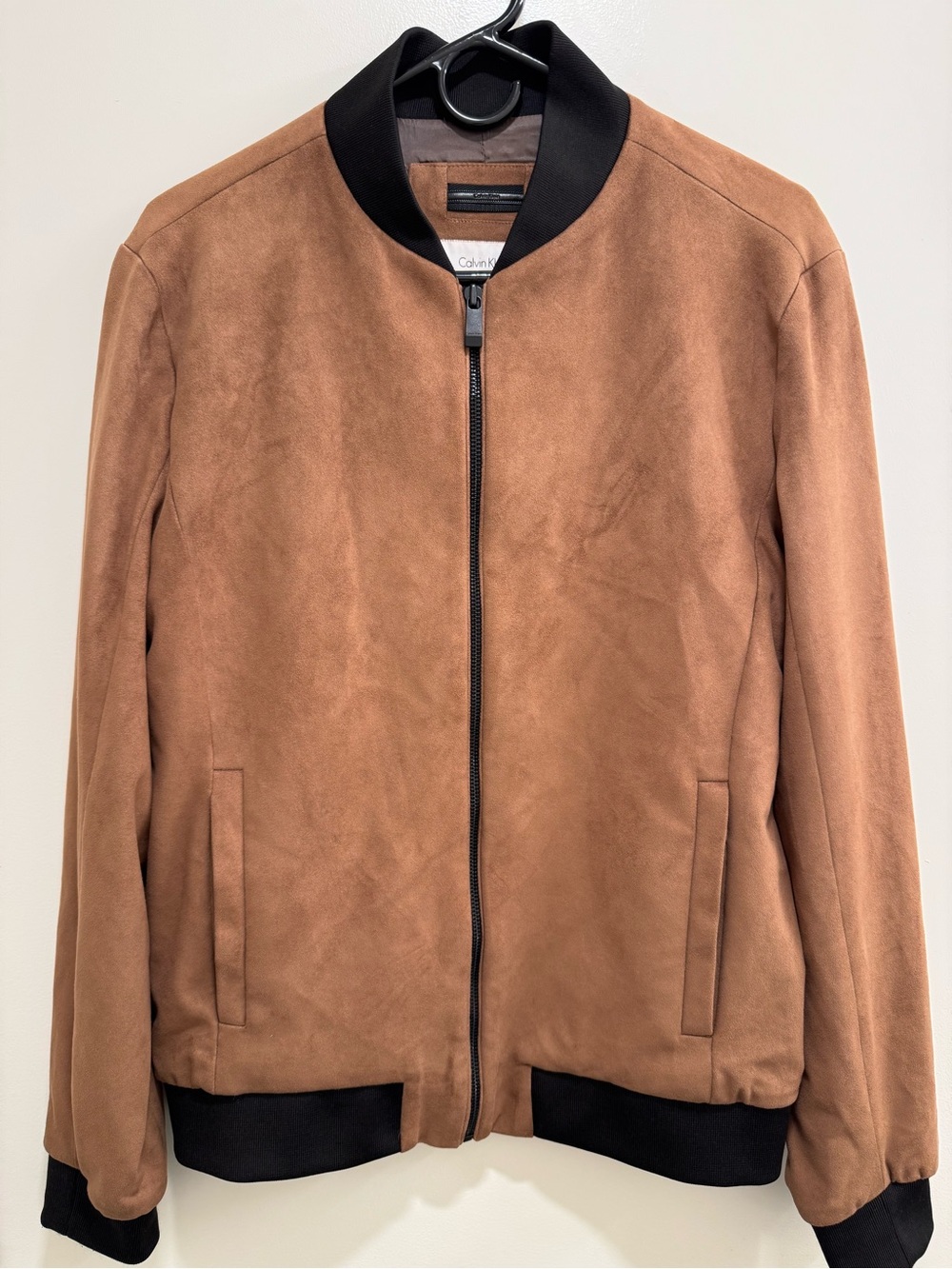 Calvin Klein Brown Suede-Look Bomber Jacket with Black Trim